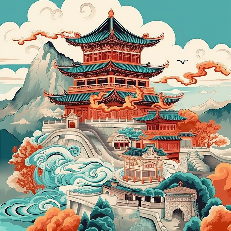 国潮风黄鹤楼祥云插画背景图手绘,插画/手绘图,插画/手绘图库,插画/手绘图下载,插画/手绘